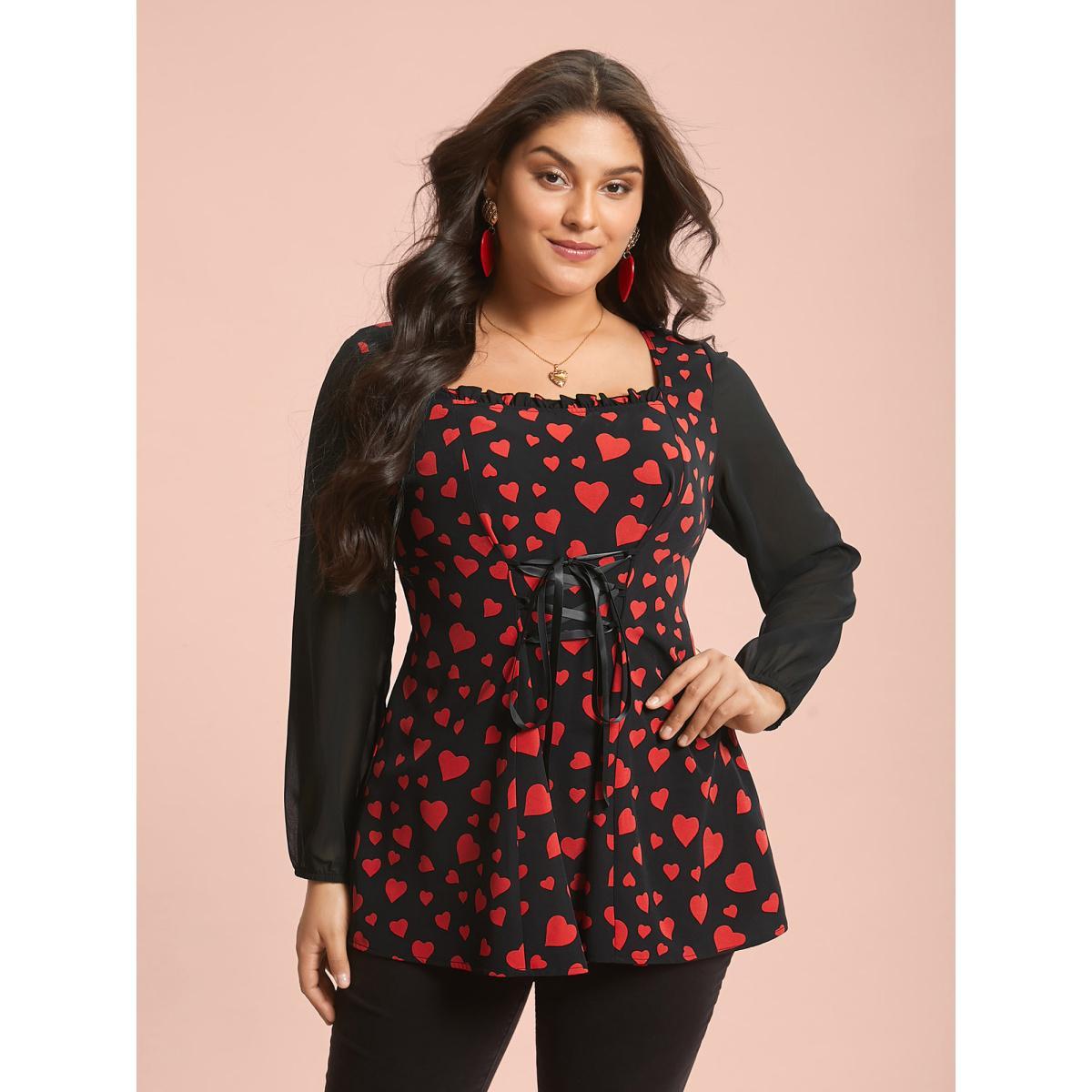 Plus Size Black Heart Print Patchwork Waist-Tie Blouse Women Elegant Extra Long Sleeve Square Neck Everyday Blouses BloomChic 14-16/1X Product Image