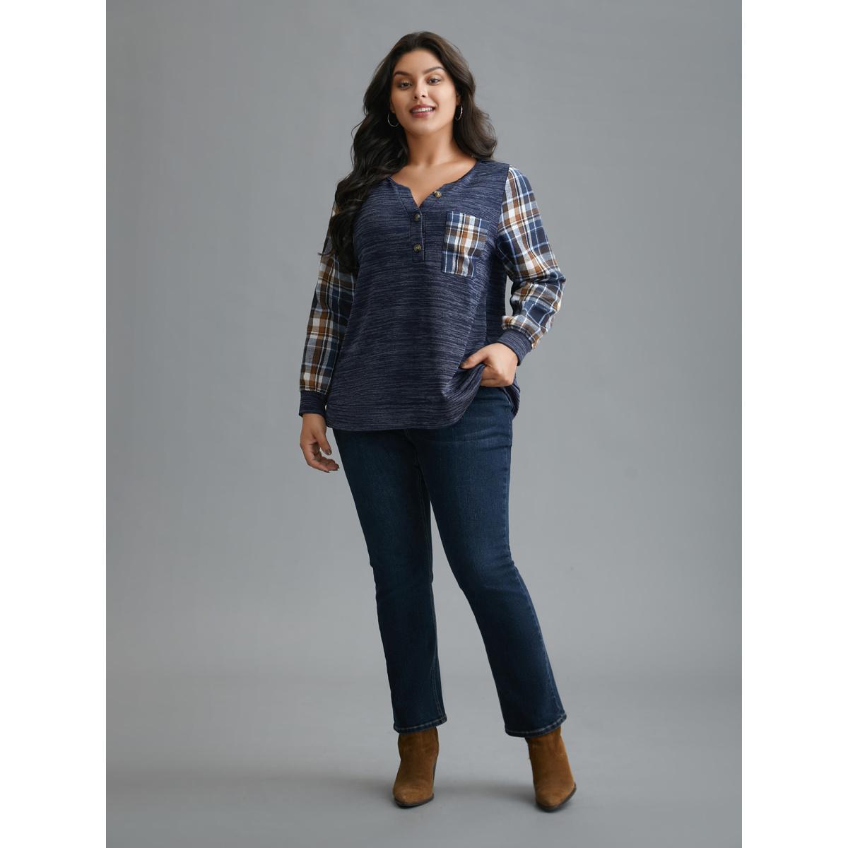 Plus Size Plaid Sleeve Button Up Patchwork Sweatshirt Women Indigo Casual Contrast Notched collar Everyday Sweatshirts BloomChic 14-16/1X Product Image