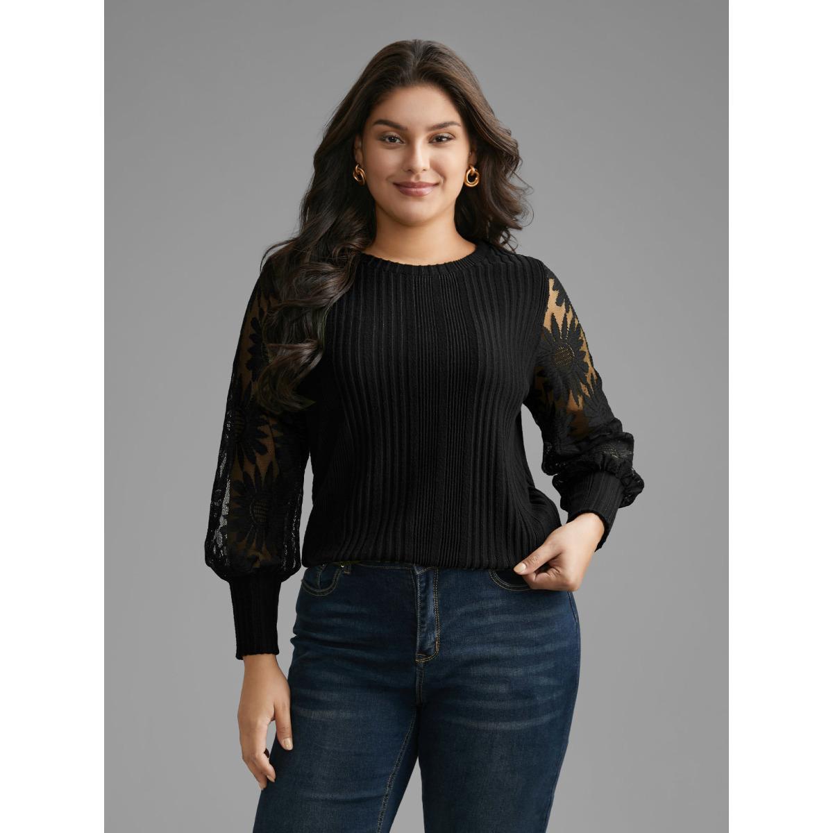 Plus Size Texture Lace Patchwork Mesh T-shirt Black Women Elegant Texture Round Neck Everyday T-shirts BloomChic 28/5X Product Image