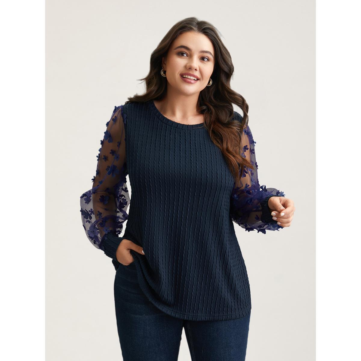 Plus Size Sheer Sleeve Textured Patchwork Round Neck T-Shirt Indigo Women Elegant Texture Round Neck Everyday T-shirts BloomChic 14-16/1X Product Image