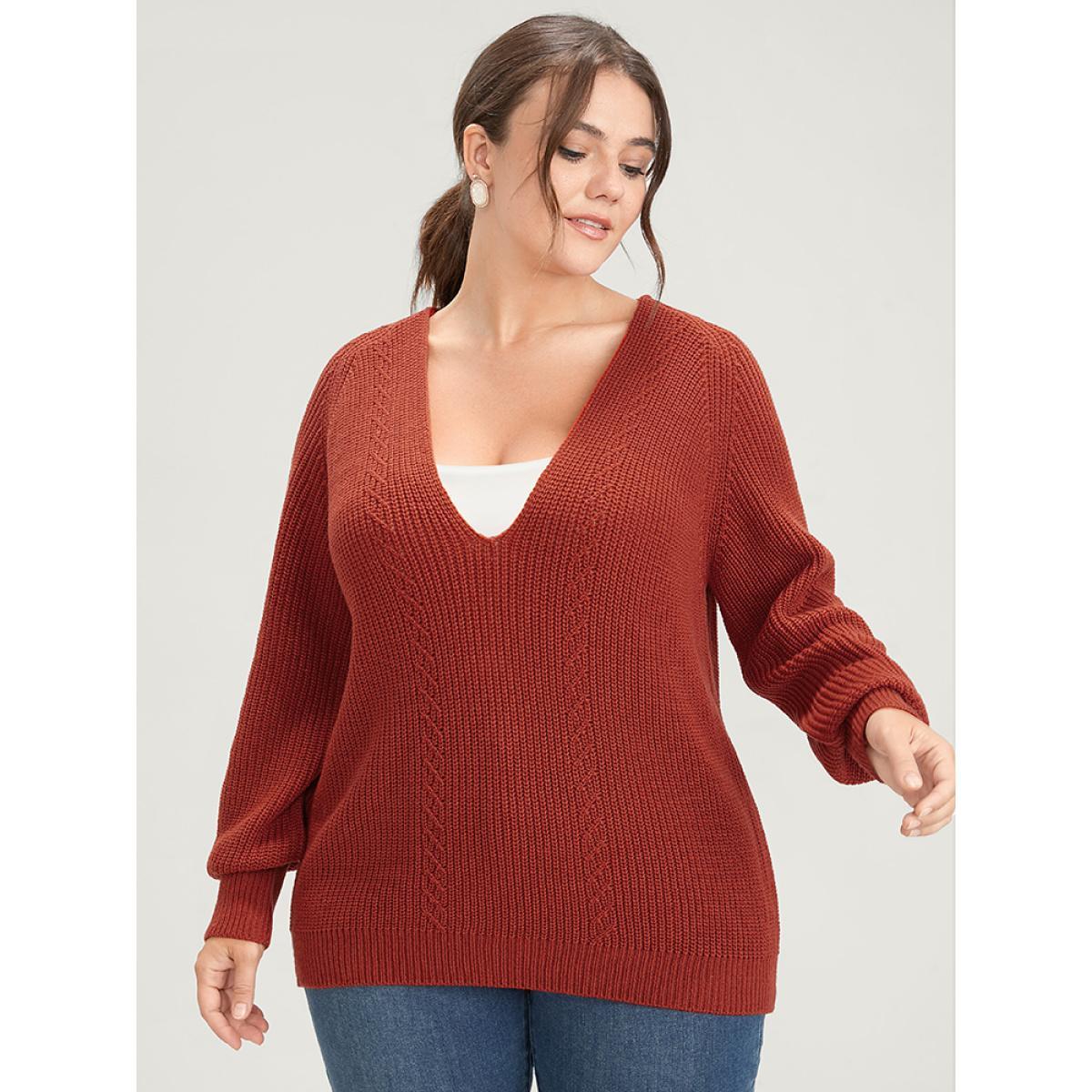 Plus Size Solid Pointelle Knit Deep V Neck Knit Top Coral Women Casual Long Sleeve Deep V-neck Dailywear Pullovers BloomChic 26/4X Product Image