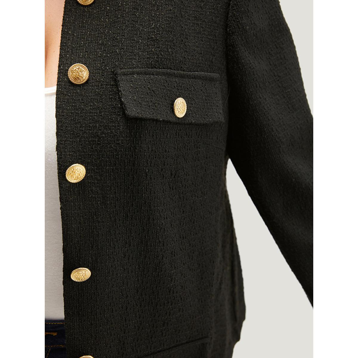Plus Size Plain Tweed Texture Buckle Detail Blazer Women Black Texture Work Jackets BloomChic 14-16/1X Product Image