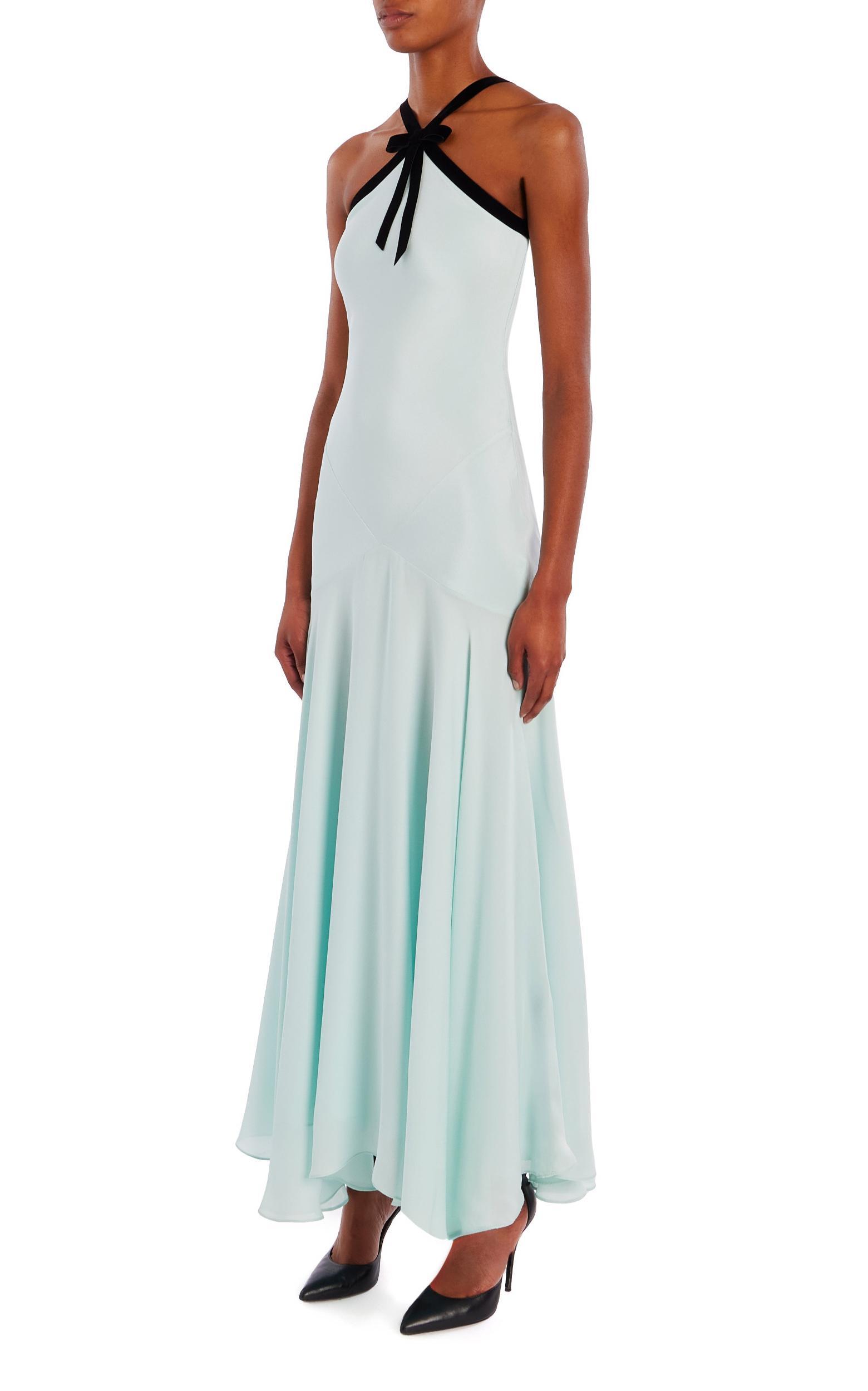 Sea Foam Silk Crepe Bias Dress With Black Velvet Ribbon Bow Detail Product Image