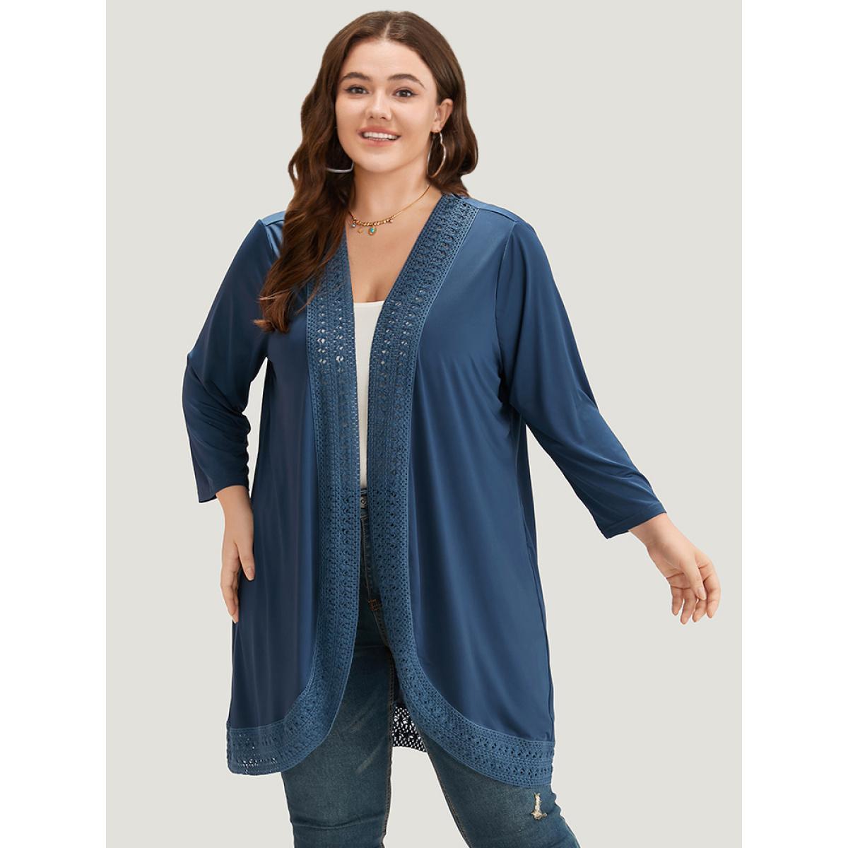 Plus Size Supersoft Essentials Plain Lace Patchwork Open Front Kimono Women DarkBlue Casual Plain Dailywear Kimonos BloomChic 22-24/3X Product Image