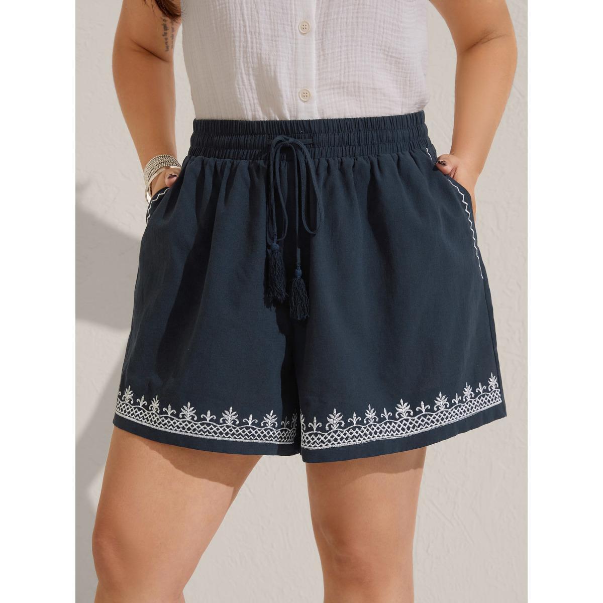 Plus Size Cotton Embroidered Hem Wide-Leg Solid Shorts Women Midnight Resort Embroidered Wide Leg Vacation Shorts BloomChic 22-24/3X Product Image