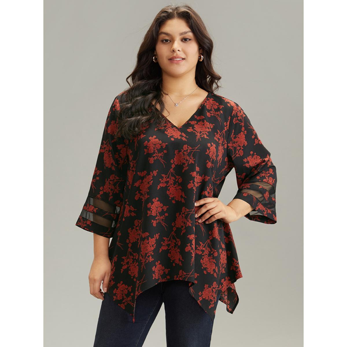 Plus Size Red Silhouette Floral Print Patchwork Mesh Hanky Hem Blouse Women Elegant Elbow-length sleeve V-neck Everyday Blouses BloomChic 18-20/2X Product Image