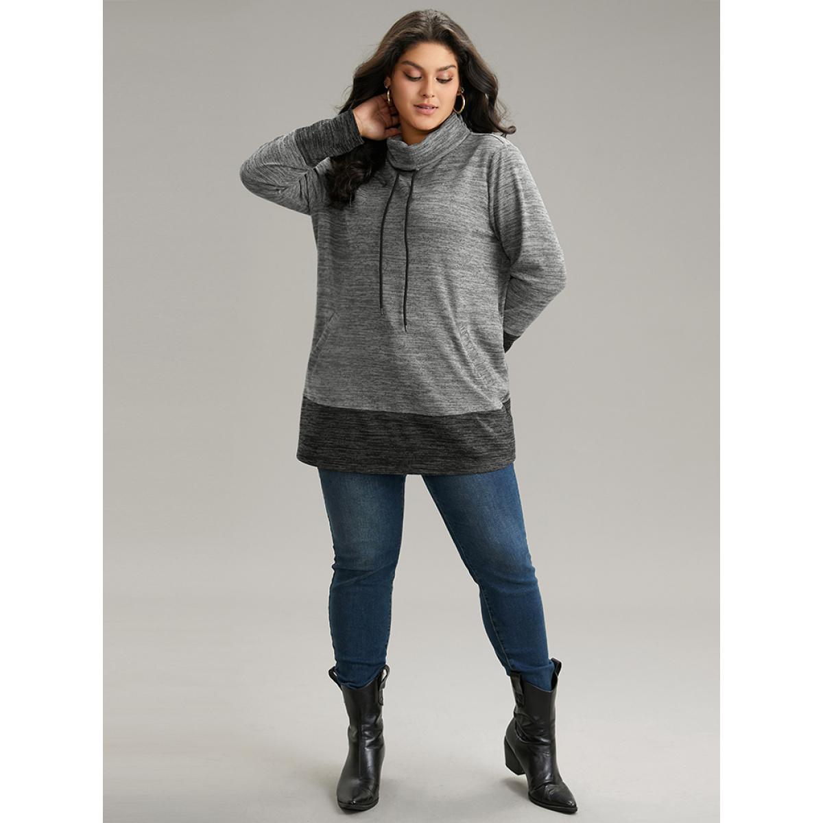 Plus Size Contrast Turtleneck Pocket Drawstring Sweatshirt Women DimGray Casual Contrast Turtleneck Dailywear Sweatshirts BloomChic 12/L Product Image