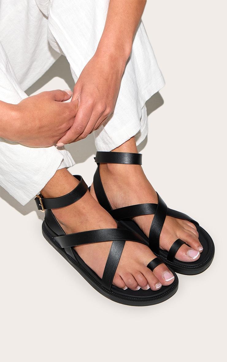 Black Pu Round Toe Ankle Strap Footbed Sandals Product Image