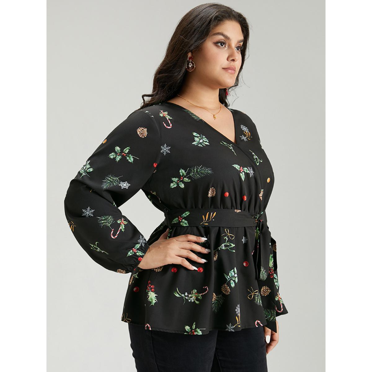 Plus Size Black Christmas Elastic Waist Belted Wrap Blouse Women Elegant Long Sleeve V-neck Festival-Christmas Blouses BloomChic 10/M Product Image