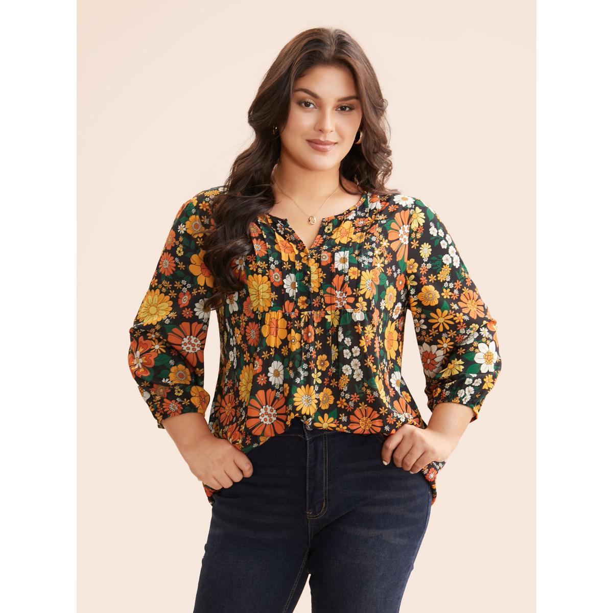 Plus Size Multicolor Natural Flowers Lantern Sleeve Pleated Blouse Women Elegant Elbow-length sleeve Flat collar with V-notch Everyday Blouses BloomChic 12/L Product Image