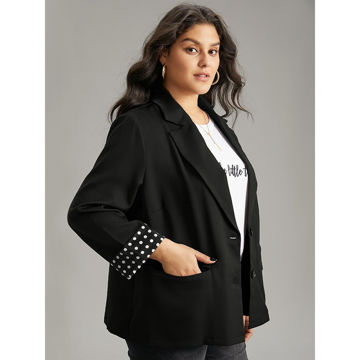 Plus Size Suit Collar Polka Dot Patchwork Button Up Blazer Black Women Work Polka Dot Contrast Sleeve Long Sleeve Suit Collar 22-24/3X At the Office Blazers BloomChic Product Image