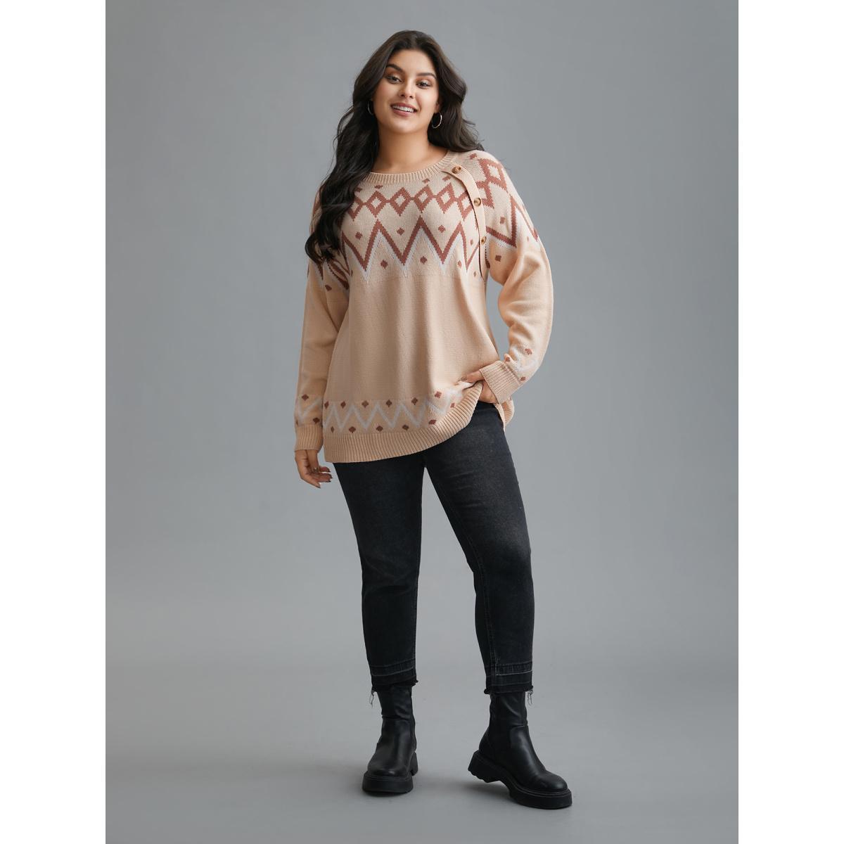 Plus Size Jacquard Print Button Round Neck Pullover Apricot Women Casual Loose Long Sleeve Round Neck Everyday Pullovers BloomChic 12/L Product Image