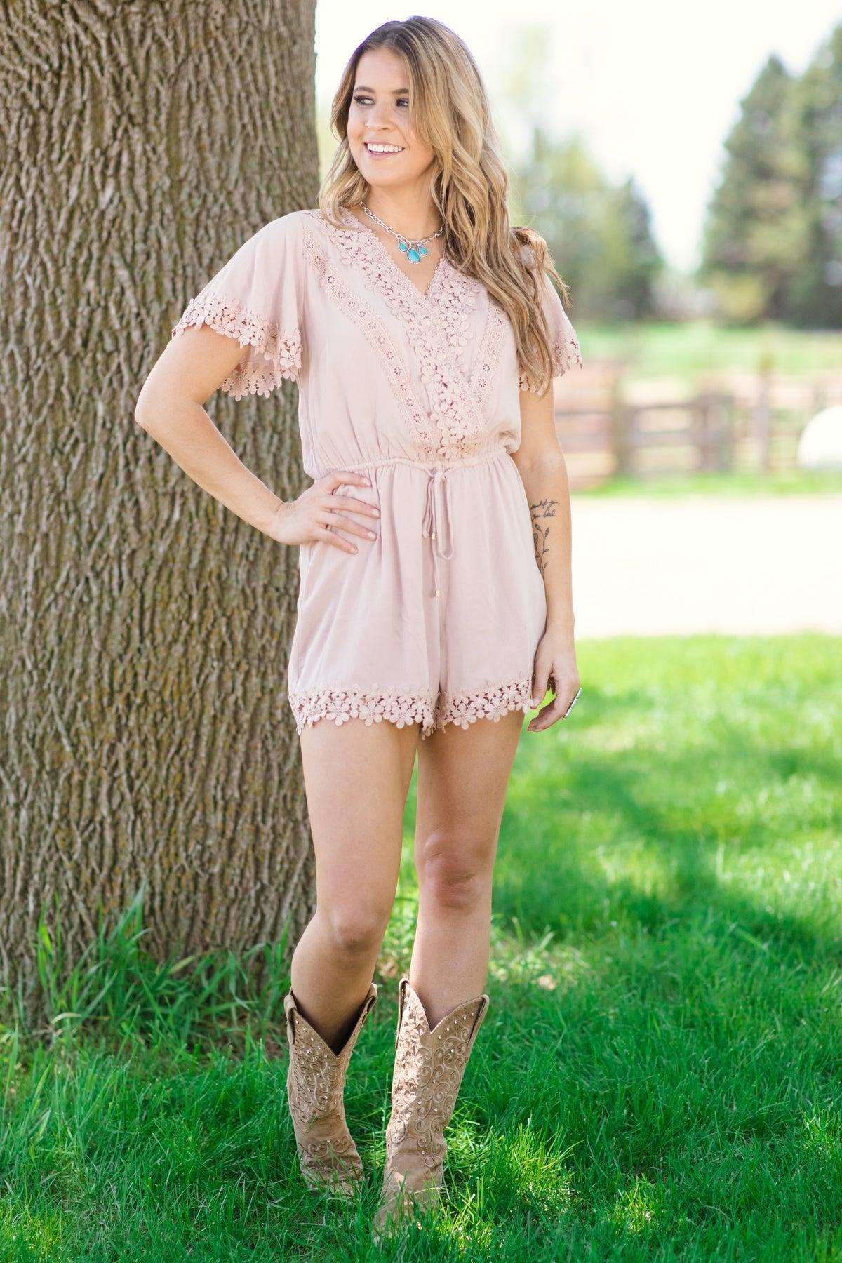 Tan Crochet Trim Short Sleeve Romper Product Image