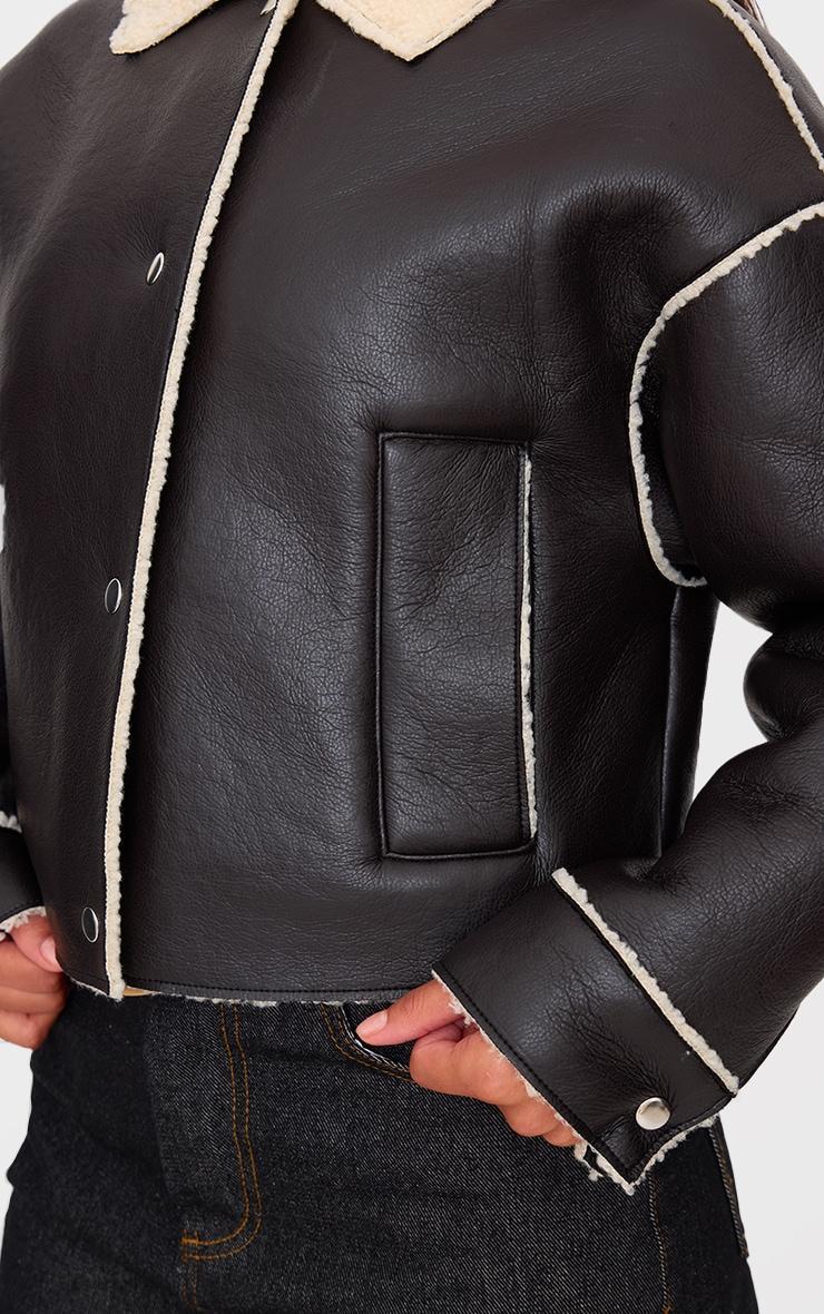 Black Textured Faux Leather Borg Trim Cropped Coat Product Image