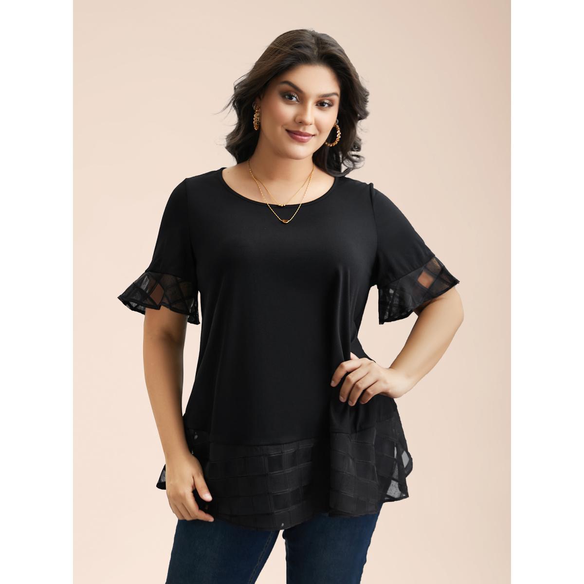 Plus Size Sheer Patchwork Ruffle Round Neck T-Shirt Black Women Elegant Patchwork Round Neck Everyday T-shirts BloomChic 22-24/3X Product Image