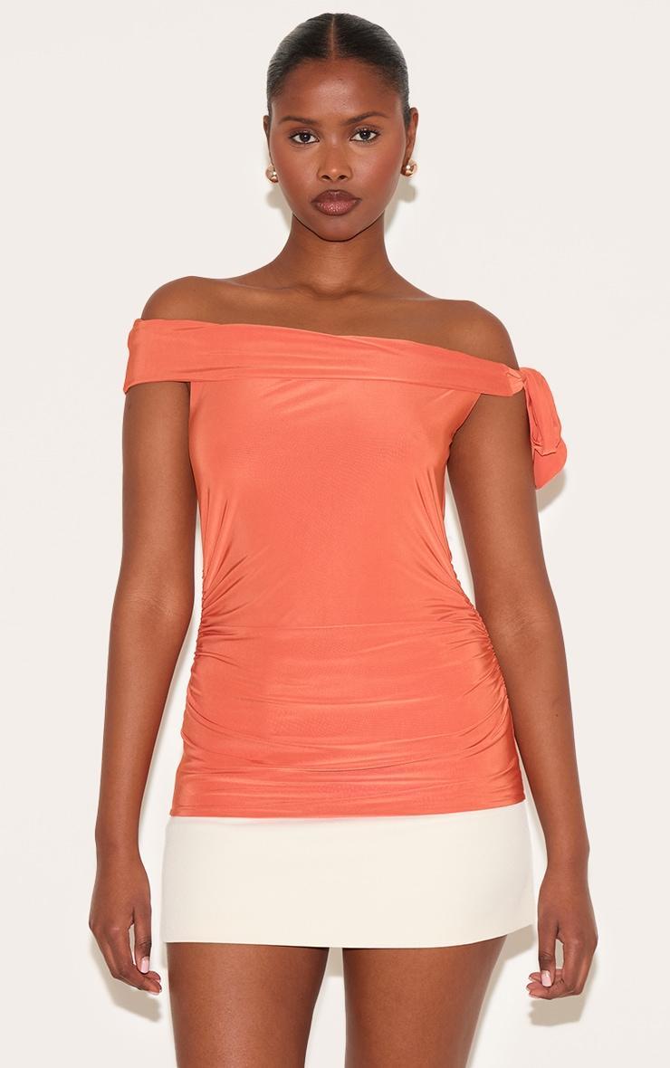 Paprika Double Layer Slinky Tie Shoulder Bardot Long Top Product Image