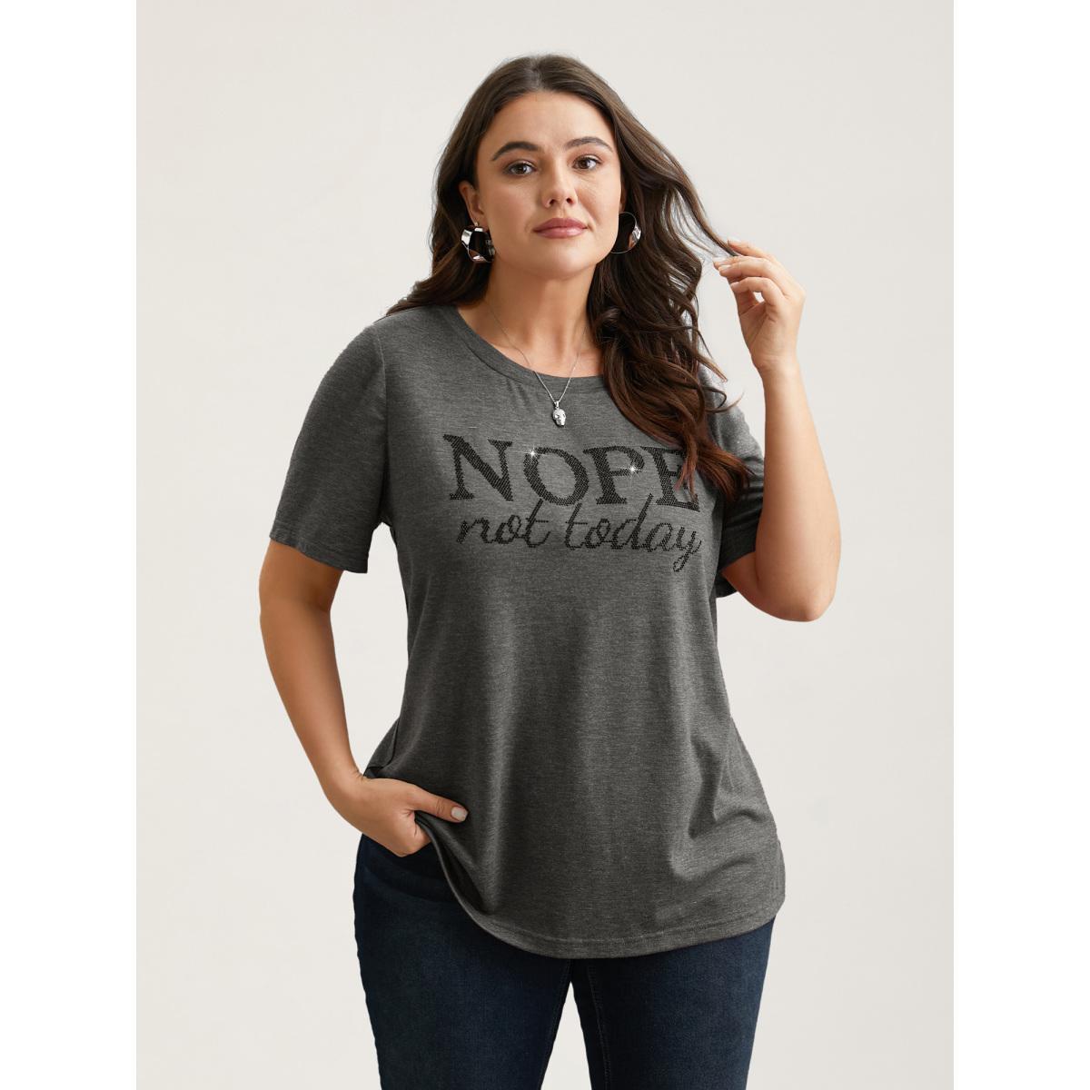 Plus Size Nope Not Today Print Rhinestone Round Neck T-Shirt Deepred Women Casual Rhinestone detailing Round Neck Everyday T-shirts BloomChic 26/4X Product Image