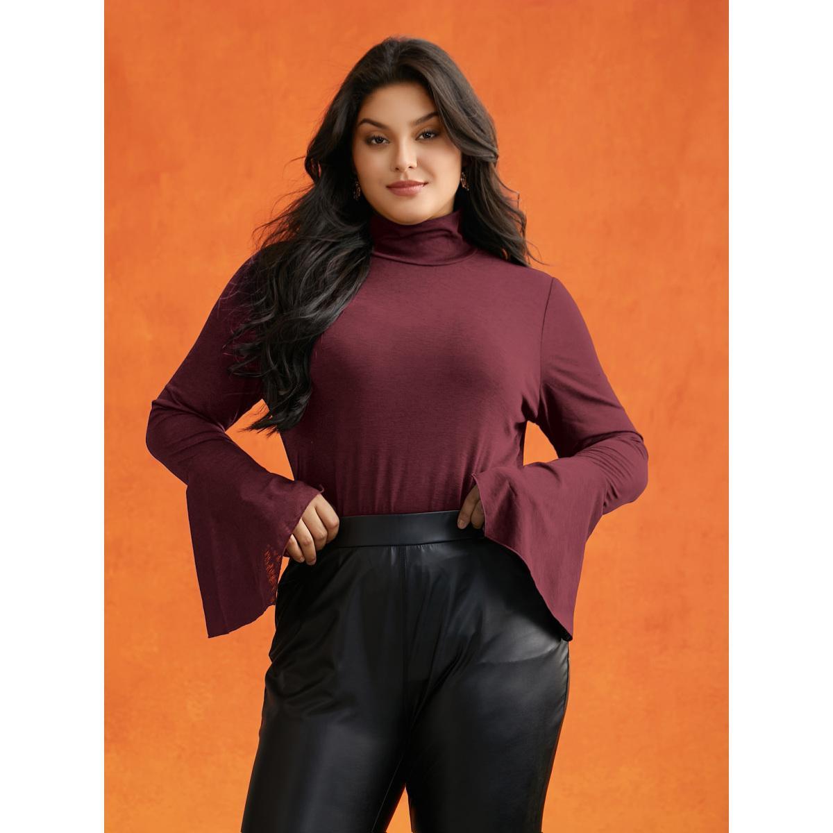 Plus Size Bell Sleeves Turtleneck T-shirt Burgundy Women Elegant Asymmetrical Turtleneck Bodycon Everyday T-shirts BloomChic 10/M Product Image