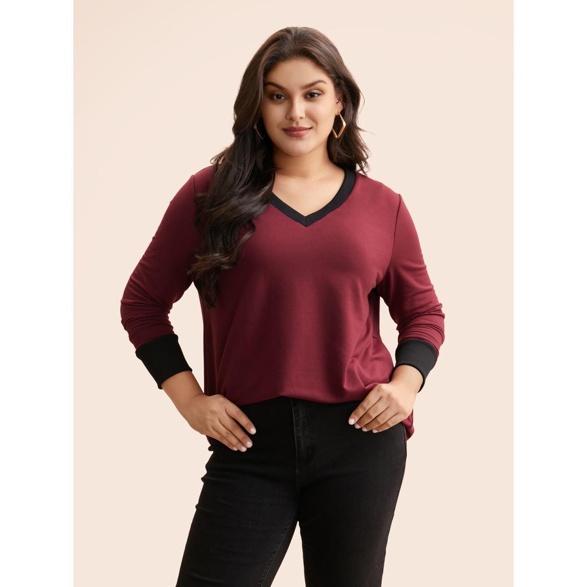Plus Size V Neck Contrast Patchwork Sweatshirt Women Deepred Casual Contrast V-neck Everyday Sweatshirts BloomChic 28/5X Product Image