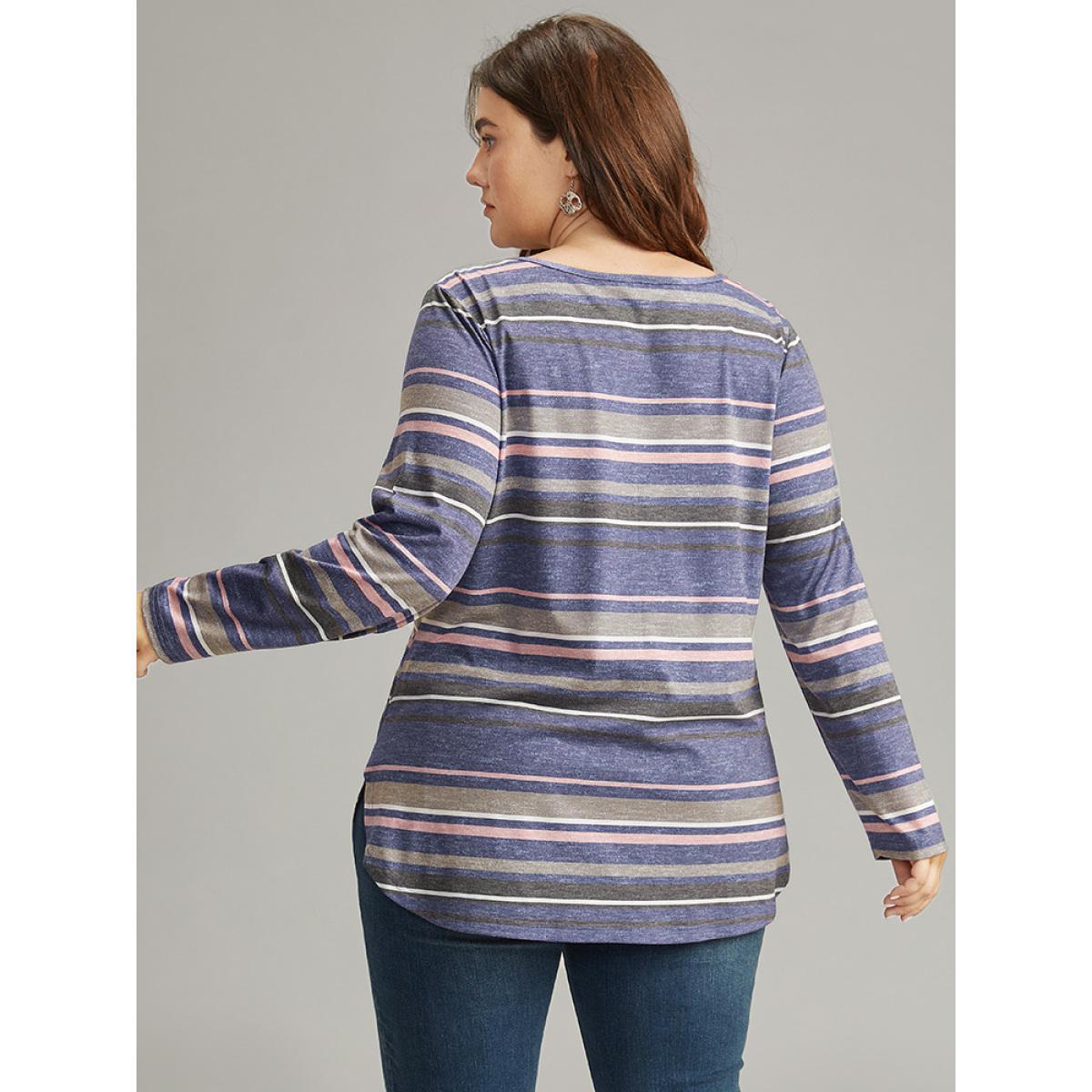 Plus Size Striped Contrast Heather Arc Hem T-shirt Indigo Women Casual Heather Striped V-neck Everyday T-shirts BloomChic 18-20/2X Product Image