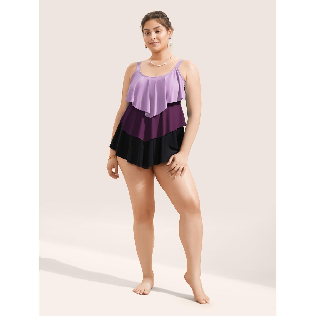 Plus Size Colorblock Contrast Ruffle Layered Hem Tankini Top Women's Swimwear Lilac Beach Non High stretch Bodycon U-neck Curve Swim Tops BloomChic 28/5X Product Image