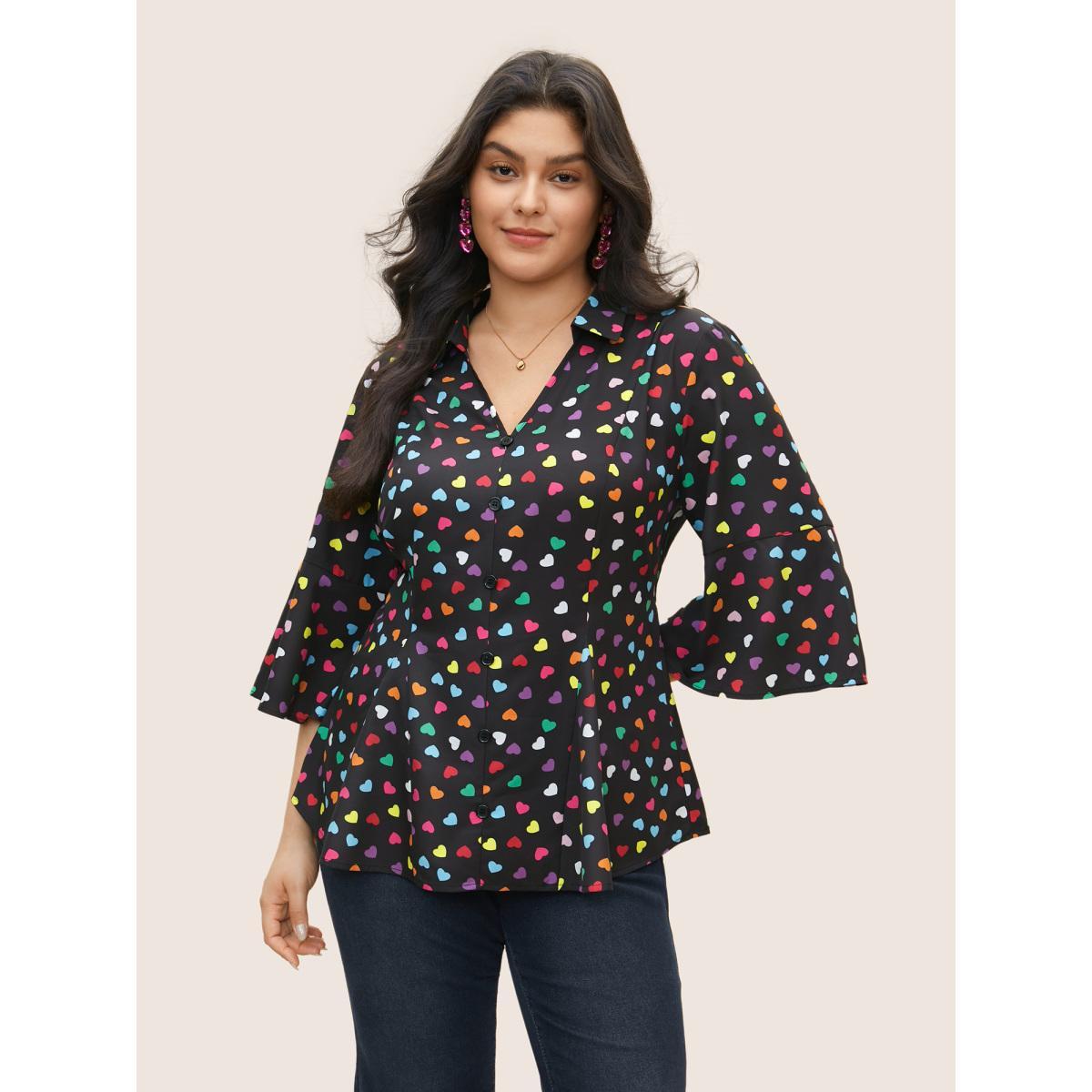 Plus Size Black Colour Heart Print Bell Sleeve Blouse Women Elegant Elbow-length sleeve Shirt collar Everyday Blouses BloomChic 14-16/1X Product Image