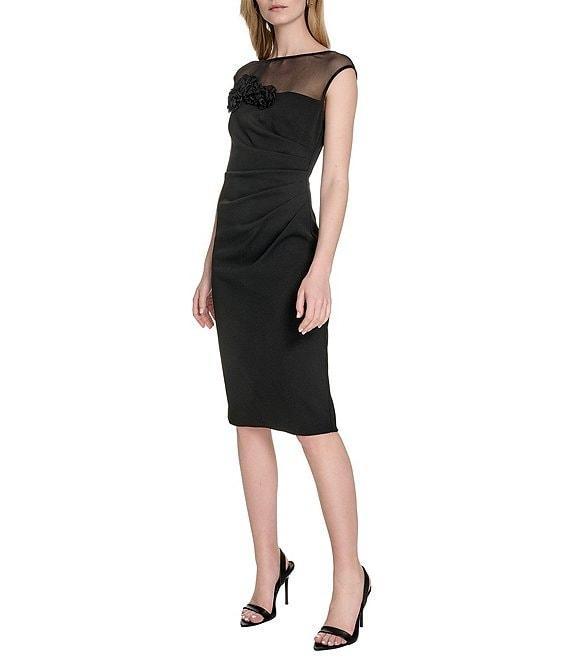 Eliza J Illusion Mesh Boat Neck 3D Flower Applique Side Ruched Scuba Crepe Sheath Dress Product Image