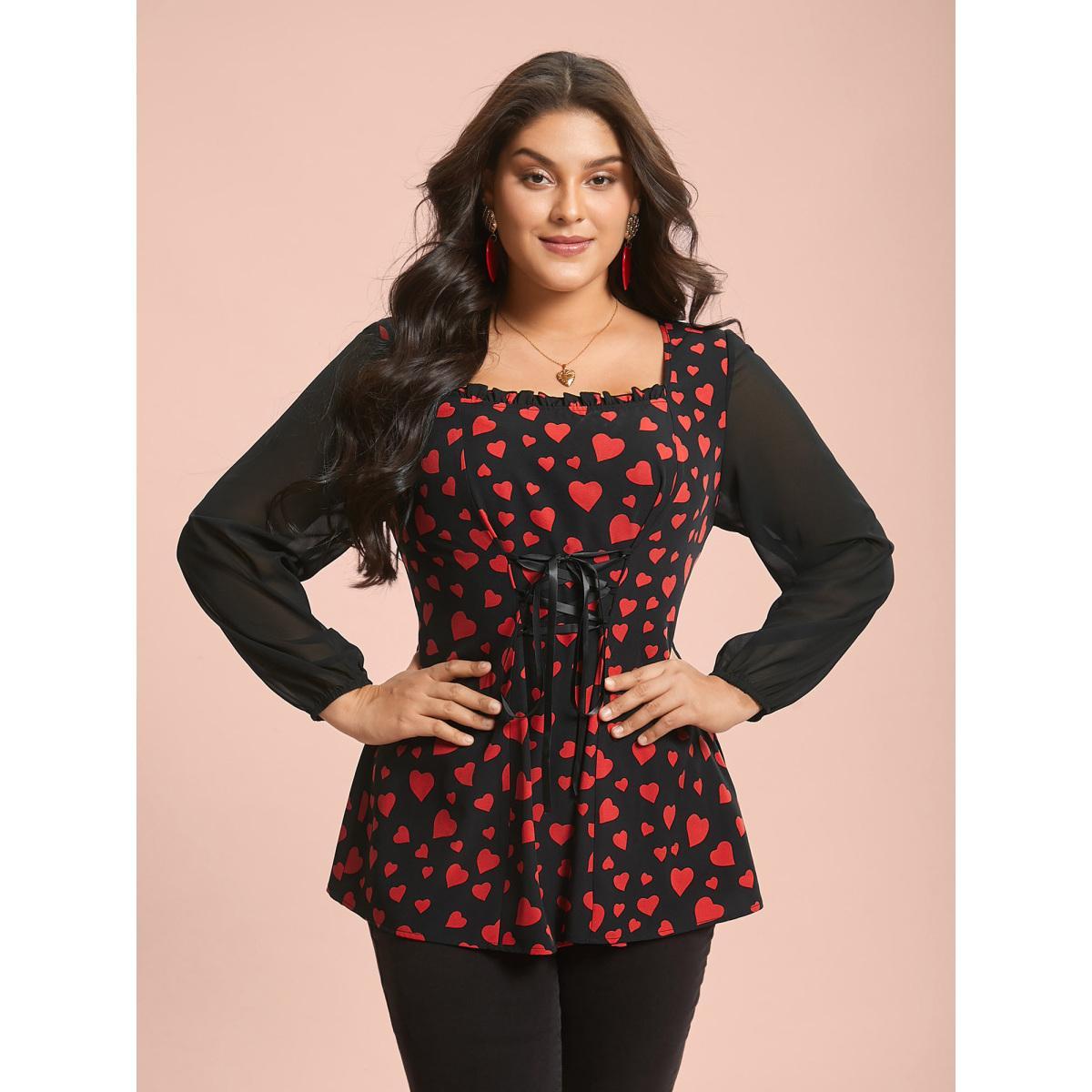 Plus Size Black Heart Print Patchwork Waist-Tie Blouse Women Elegant Extra Long Sleeve Square Neck Everyday Blouses BloomChic 14-16/1X Product Image