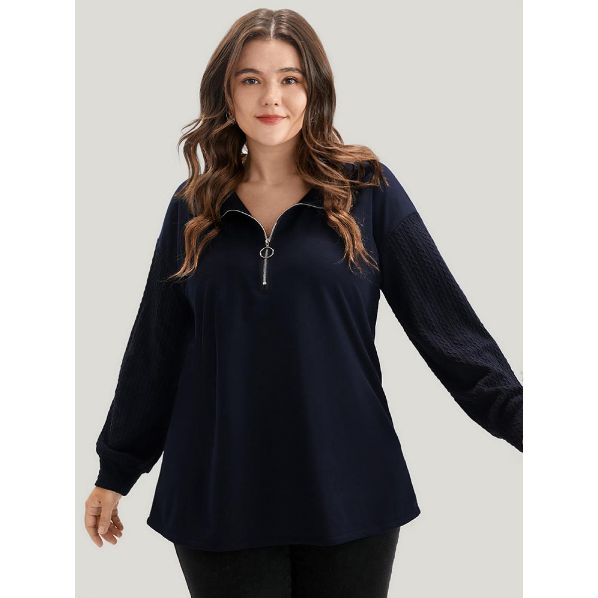 Plus Size Solid Drop Shoulder Zipper Lapel Collar Sweatshirt Women DarkBlue Casual Plain Lapel Collar Dailywear Sweatshirts BloomChic 18-20/2X Product Image