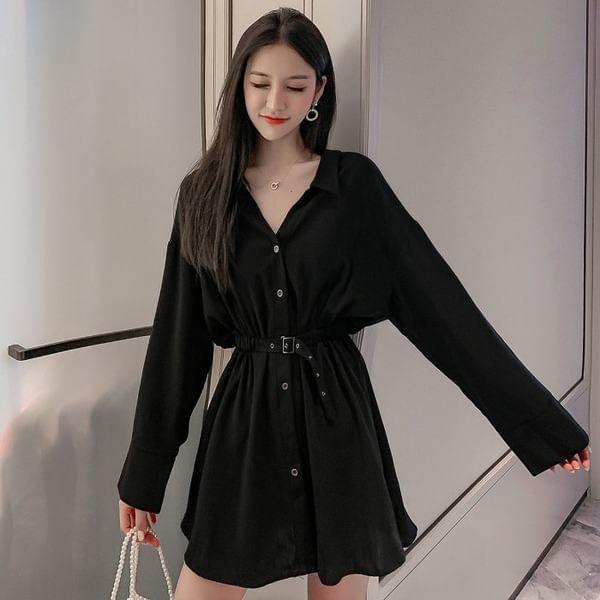 Long-Sleeve V-Neck Plain Mini A-Line Shirt Dress Product Image