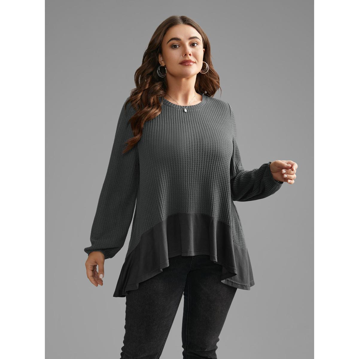 Plus Size Waffle Knit Patchwork High Low Hem T-shirt DimGray Women Casual Texture Round Neck Loose Everyday T-shirts BloomChic 18-20/2X Product Image
