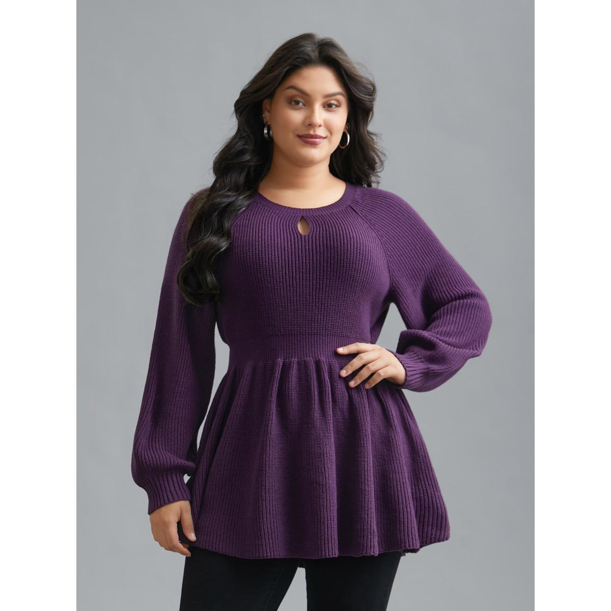Plus Size Plain Textured Keyhole Raglan Sleeve Pullover Deeppurple Women Elegant Bodycon Long Sleeve Round Neck Everyday Pullovers BloomChic 10/M Product Image