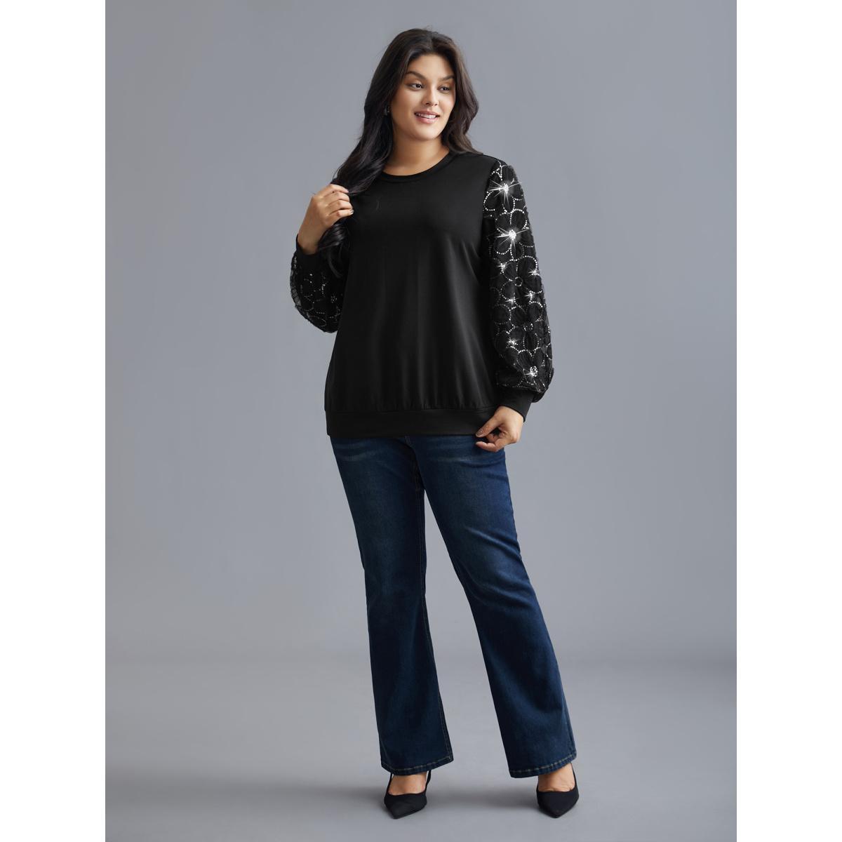 Plus Size Floral Sequin Mesh Patchwork Sweatshirt Women Black Elegant Patchwork Round Neck Everyday Sweatshirts BloomChic 30/6X Product Image