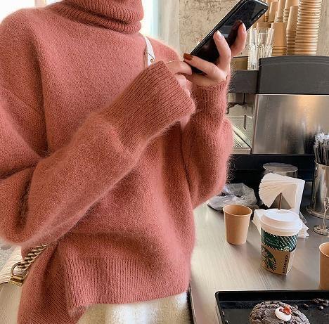 Drop Shoulder Turtleneck Plain Oversized Sweater Product Image