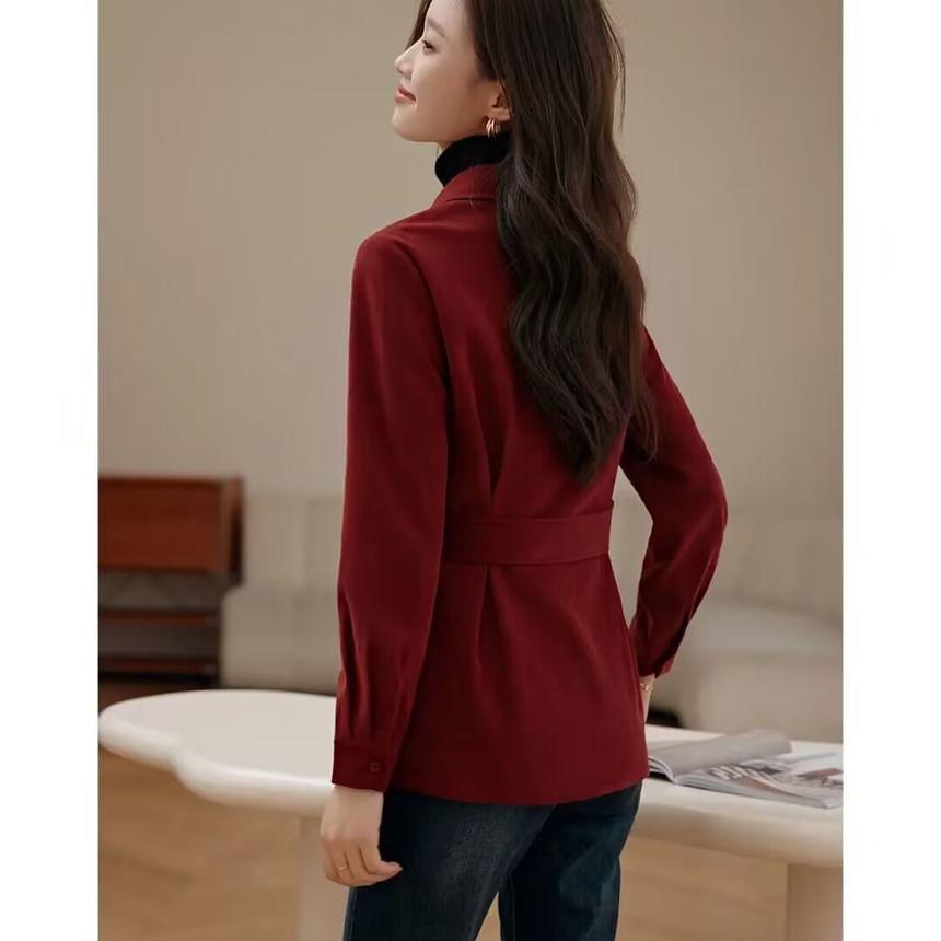 Long-Sleeve Plain Belted Corduroy Shirt Product Image