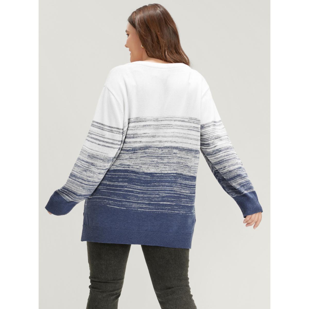 Plus Size Ombre Contrast Mixed Yarn Knit Split Hem Knit Top Indigo Women Casual Loose Long Sleeve Dailywear Pullovers BloomChic 14-16/1X Product Image