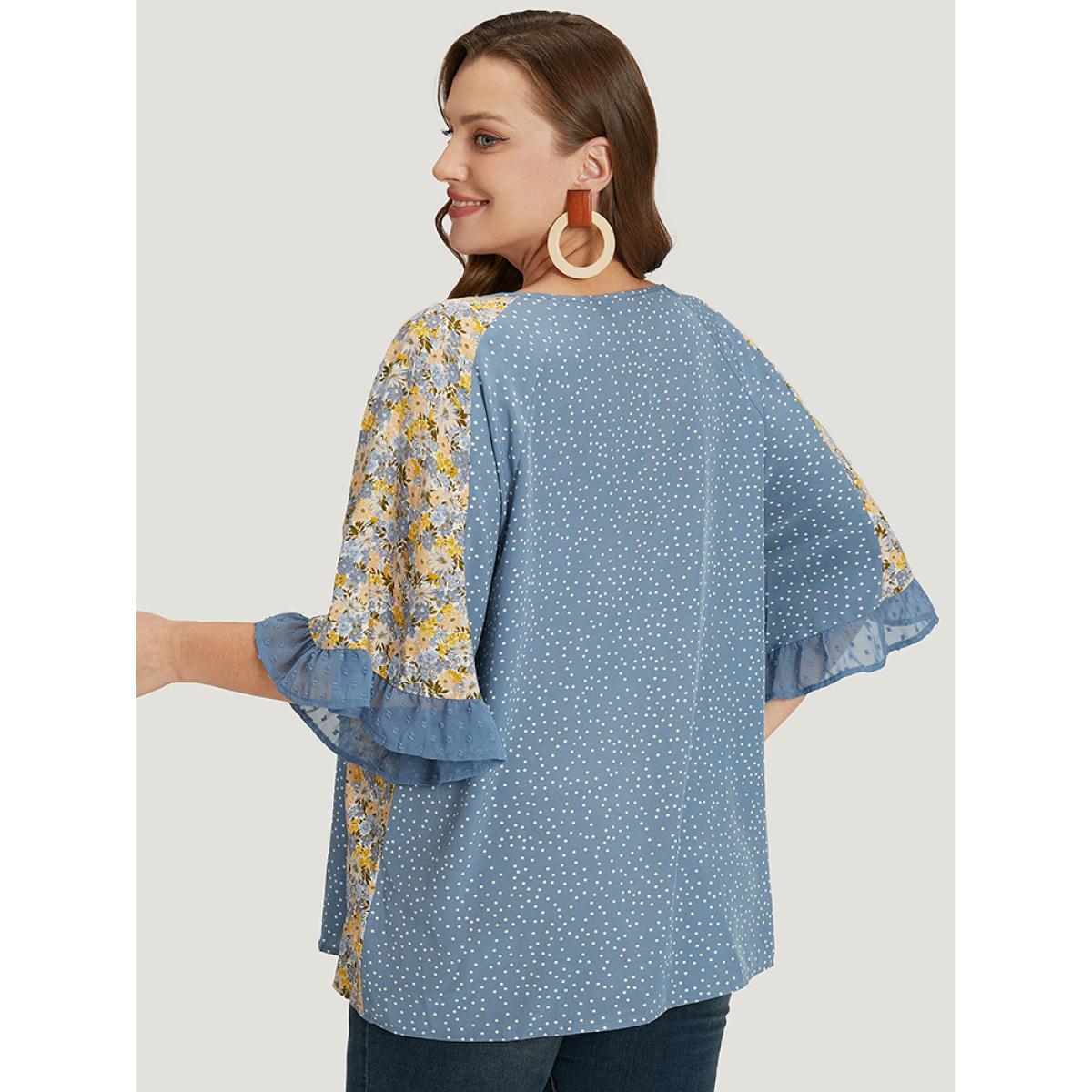 Plus Size Stone Polka Dot & Ditsy Floral Flounce Sleeve Lace Up Blouse Women Elegant Half Sleeve Tie Neck Dailywear Blouses BloomChic 30/6X Product Image
