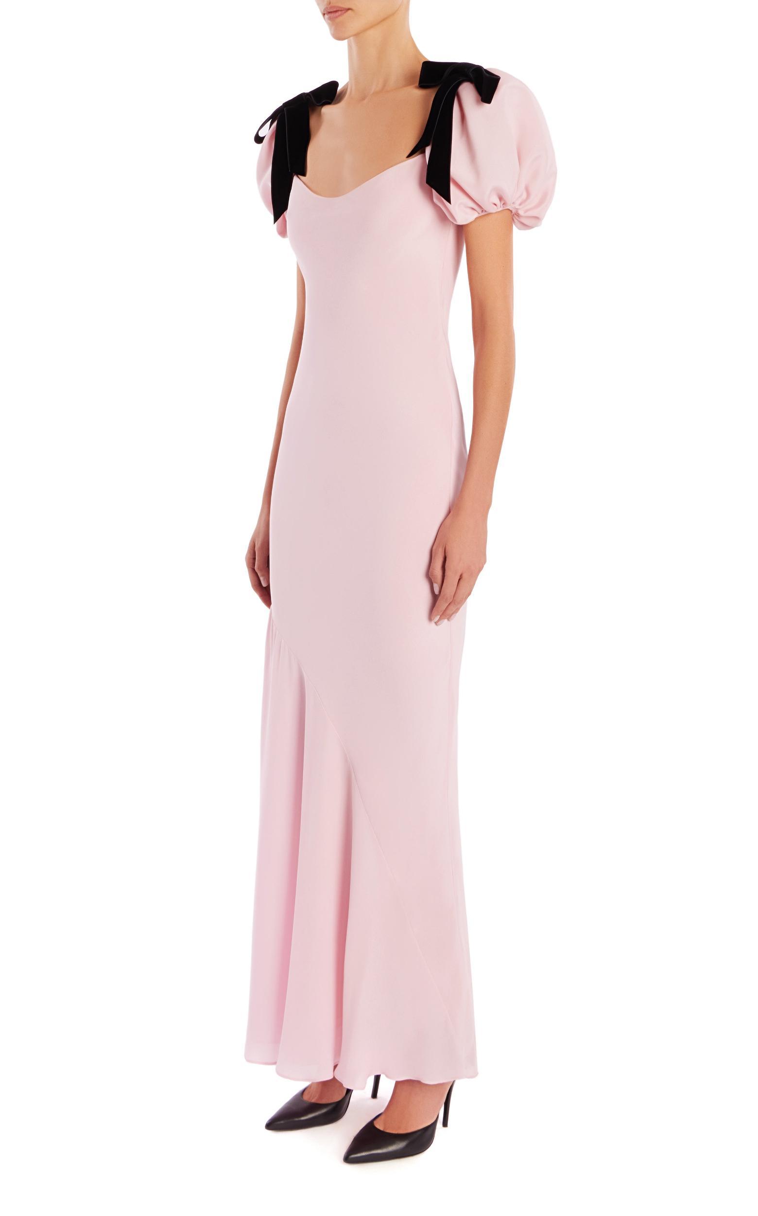 Pink Silk Crepe Dress Gown Puff Sleeves and Bow Detail Product Image