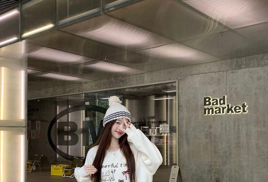 Drop Shoulder Crew Neck Cartoon Oversized Pullover / High Waist Plaid Mini A-Line Skirt Product Image