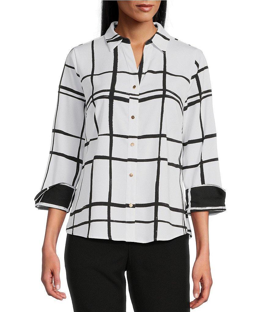 Investments Woven Blocked Plaid 3/4 Sleeve Point Collar Button Front Split Cuff Top Product Image