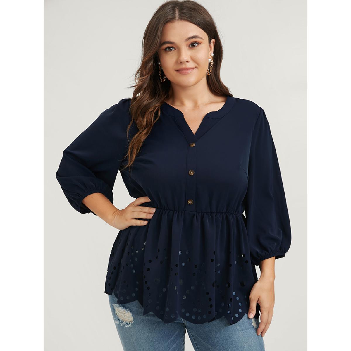Plus Size DarkBlue Solid Cut Out Ruffles Button Lantern Sleeve Blouse Women Office Elbow-length sleeve V-neck Work Blouses BloomChic 28/5X Product Image