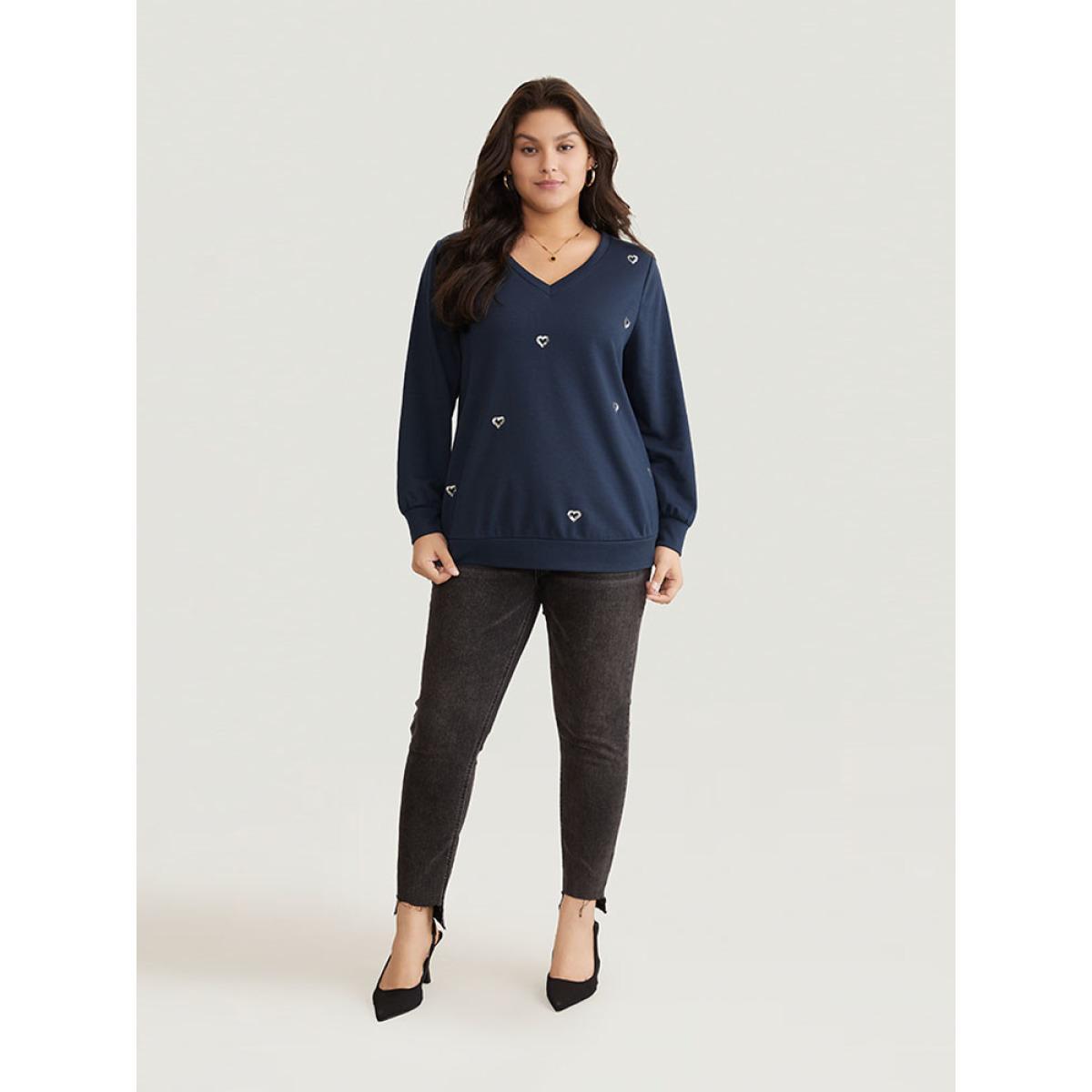 Plus Size Solid Heart Sequin V Neck Sweatshirt Women Indigo Elegant Sequin V-neck Dailywear Sweatshirts BloomChic 10/M Product Image