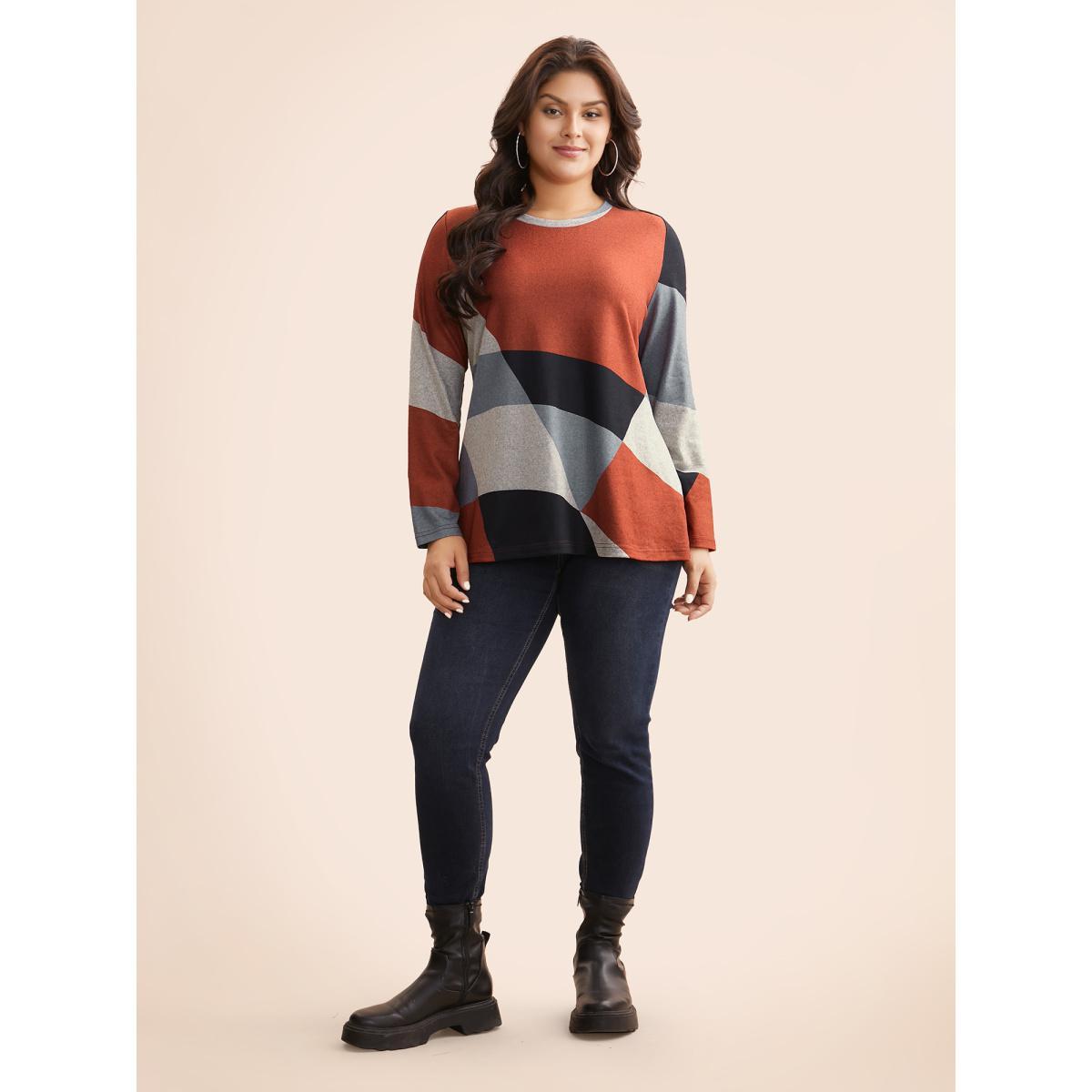 Plus Size Round Neck Colorblock Contrast T-shirt Multicolor Women Casual Contrast Non Everyday T-shirts BloomChic 12/L Product Image