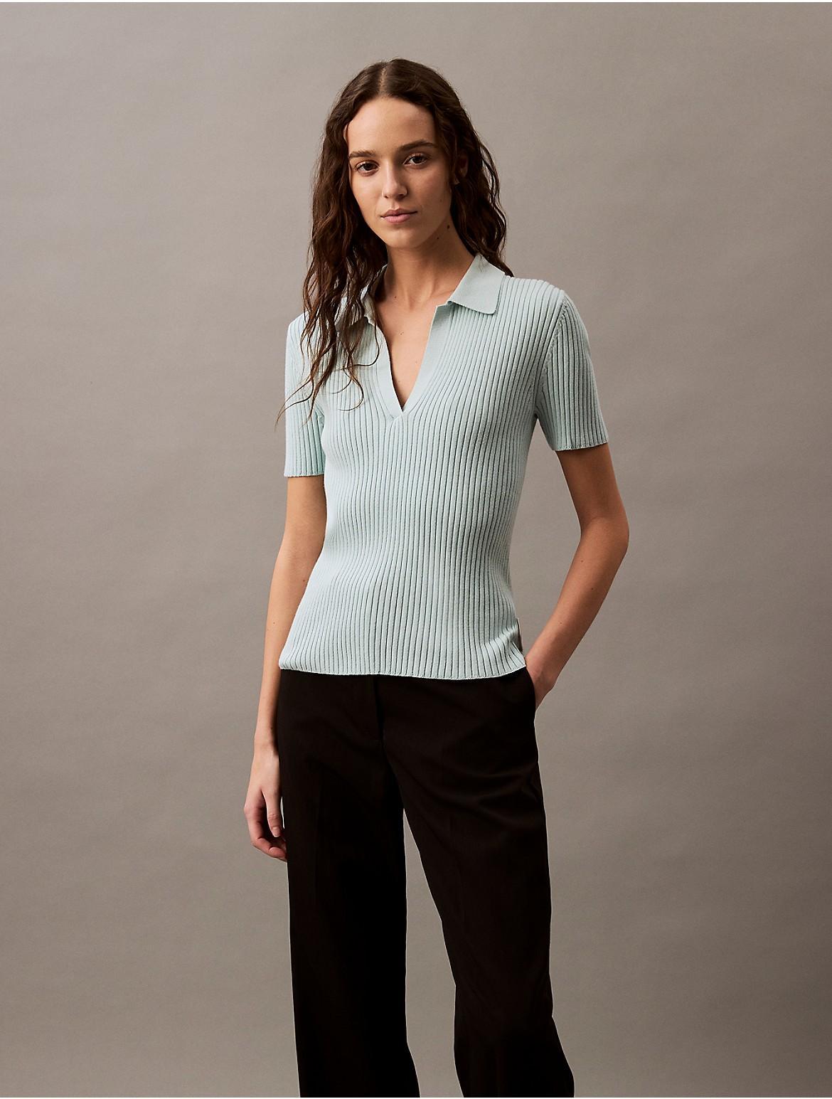 Calvin Klein Women's Smooth Cotton Rib Sweater Polo Shirt - White - L Product Image