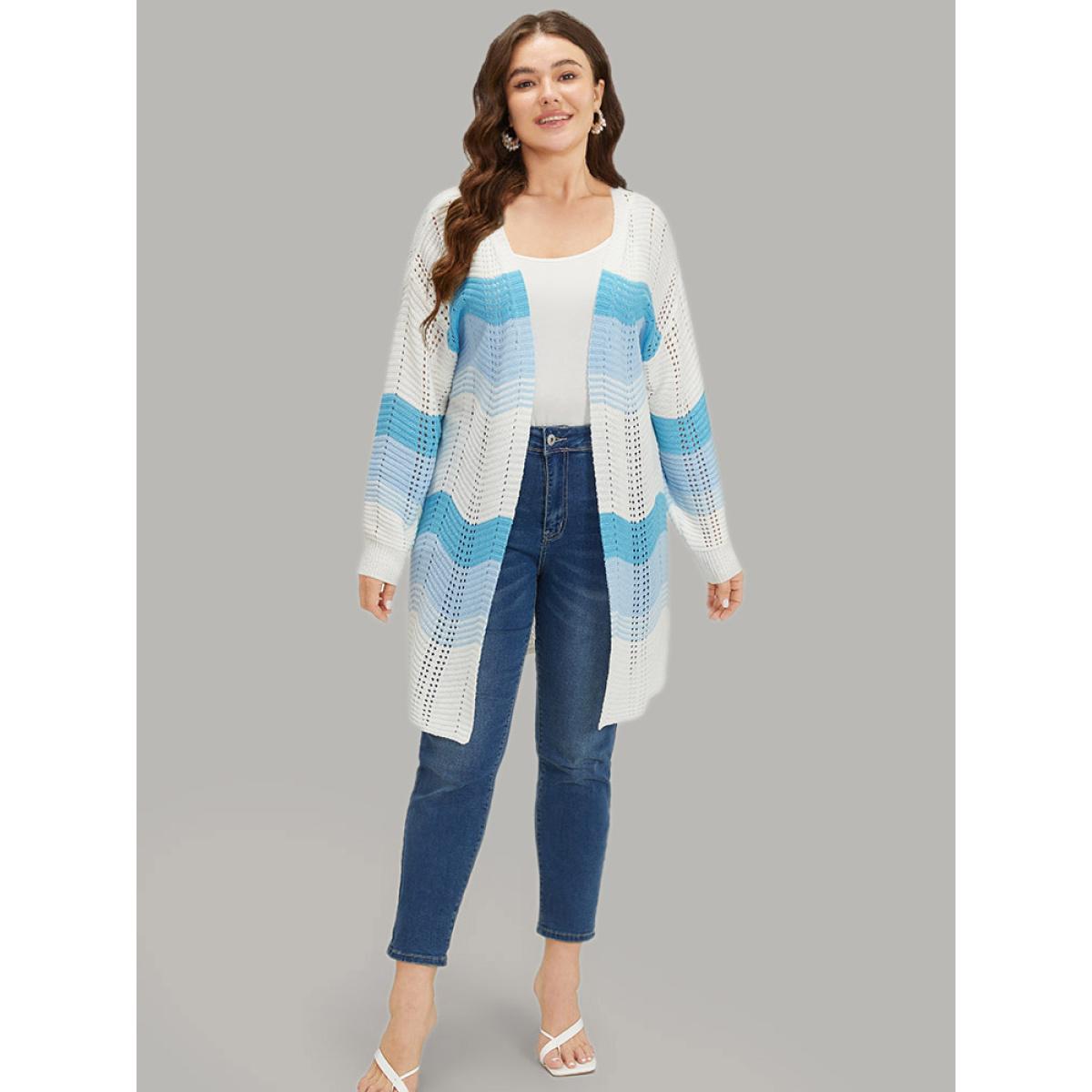 Plus Size Ombre Geo Eyelet Tunic Open Front Elastic Cuffs Cardigan Blue Women Casual Loose Long Sleeve Dailywear Cardigans BloomChic 10/M Product Image