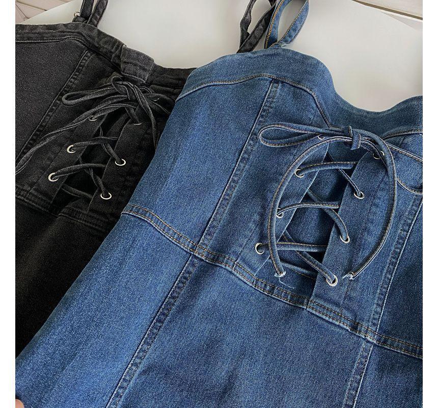 Spaghetti Strap Plain Lace-Up Denim Mini A-Line Dress Product Image