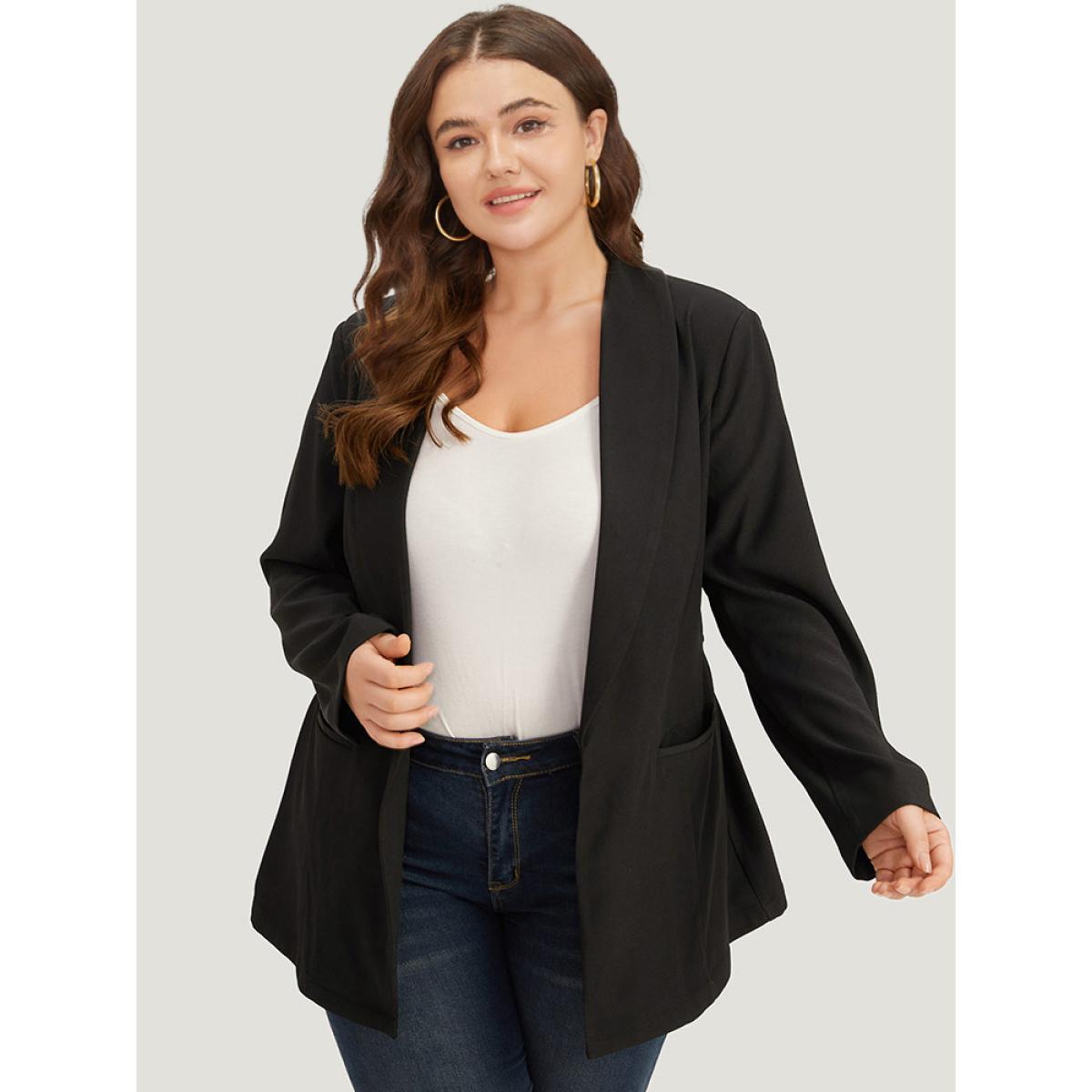 Plus Size Plain Ties Pocket Belted Lapel Collar Blazer Black Women Work Plain Plain Sleeve Long Sleeve Lapel Collar 10/M Pocket Belt Workwear Essentials Blazers BloomChic Product Image