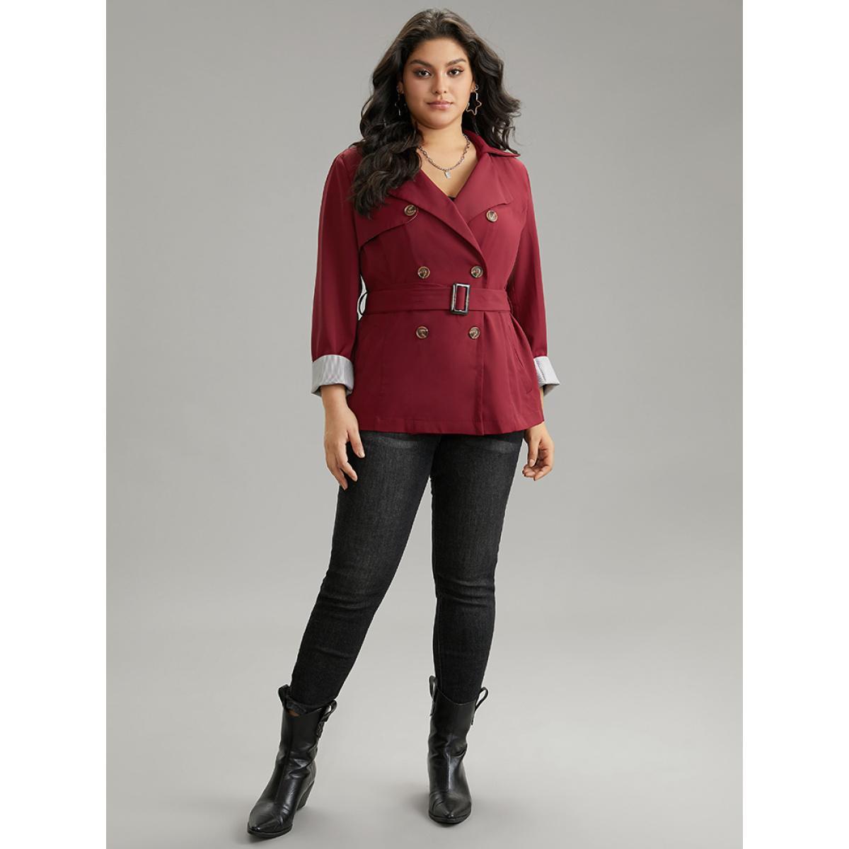 Plus Size Twill Lapel Collar Belted Button Up Buckle Detail Coat Women Burgundy Casual Plain Ladies Dailywear Winter Coats BloomChic 22-24/3X Product Image