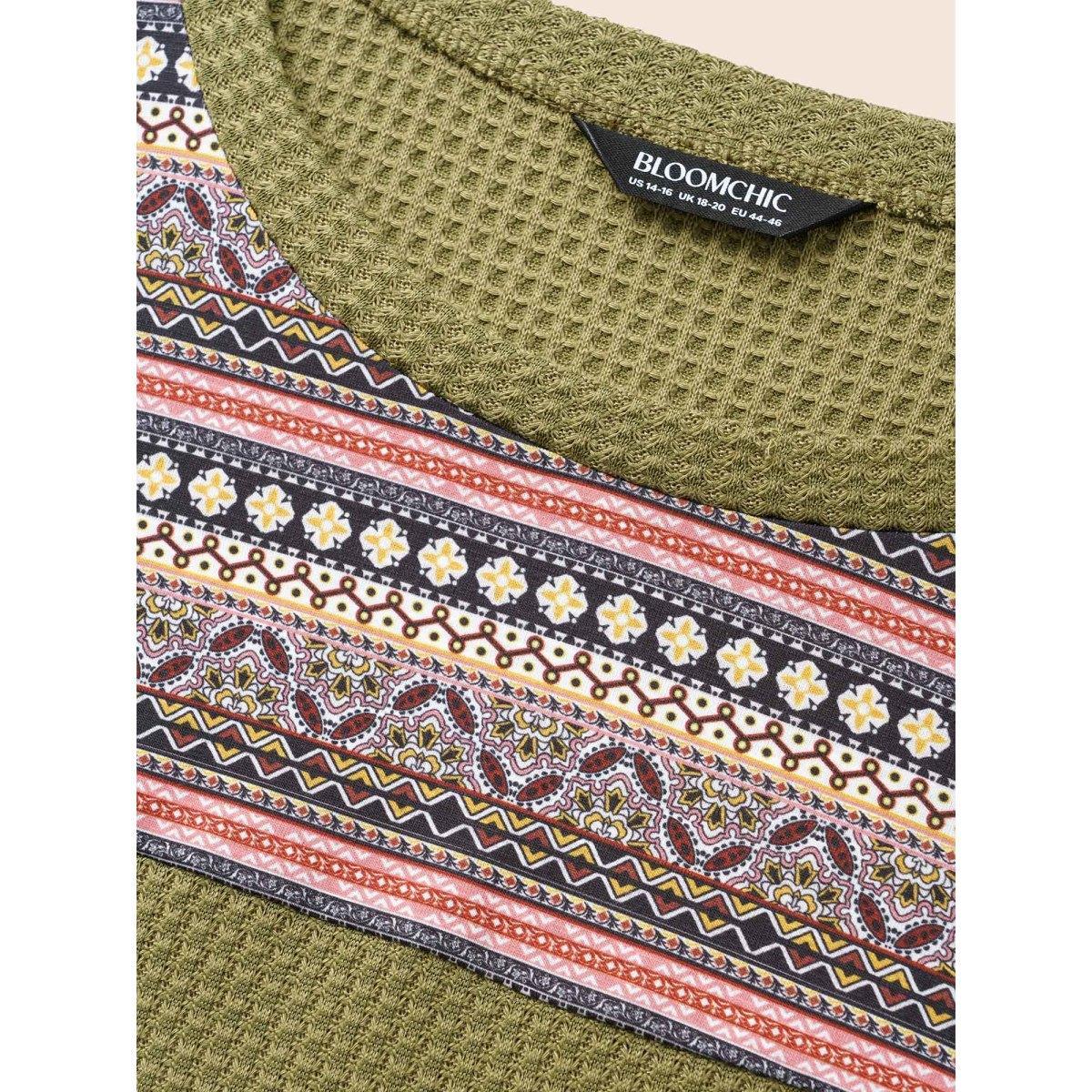 Plus Size Boho Print Patchwork Waffle Knit Crew Neck Sweatshirt Women DustyPink Casual Elastic cuffs Round Neck Dailywear Sweatshirts BloomChic 30/6X Product Image