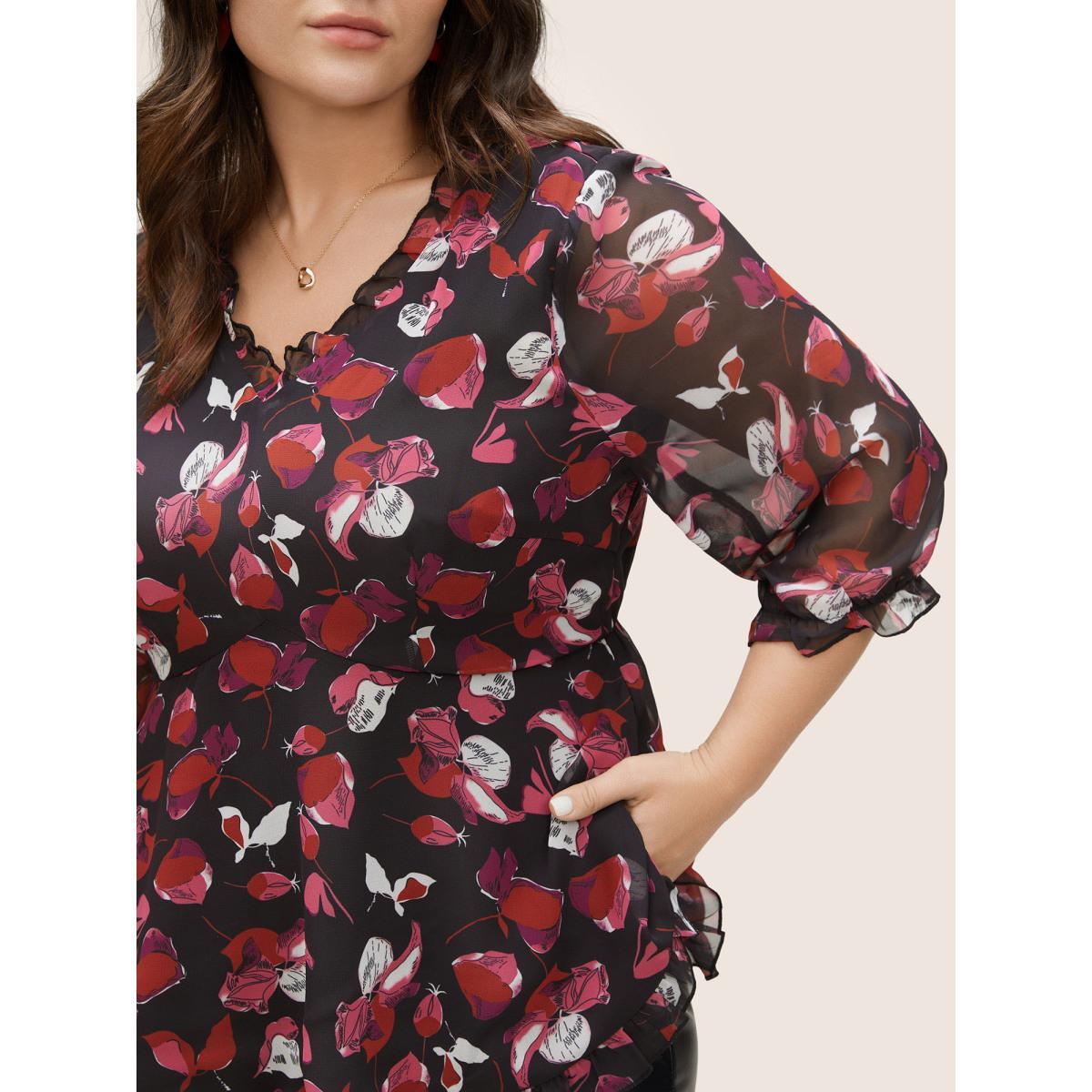 Plus Size Black Floral Mesh Patchwork Ruffle Trim Blouse Women Cocktail Elbow-length sleeve V-neck Party Blouses BloomChic 12/L Product Image